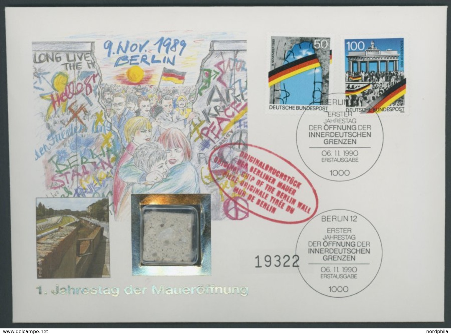 BUNDESREPUBLIK 1481/2I BRIEF, 1990, 1. Jahrestag Der Maueröffnung Auf FDC Mit Originalstück Der Berliner Mauer, Pracht - Gebraucht