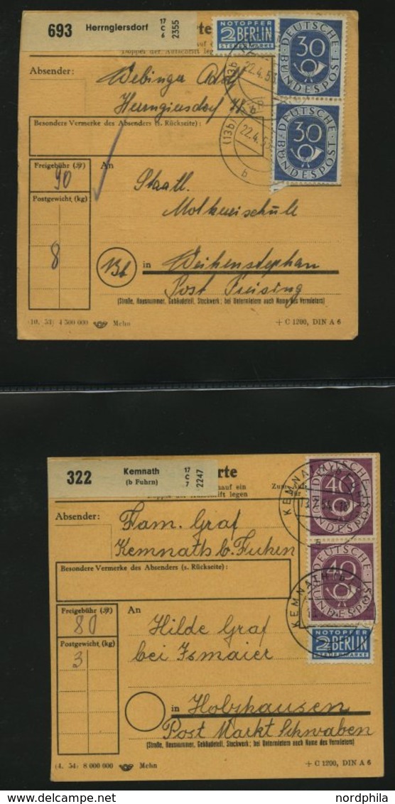 SAMMLUNGEN 1953/4, interessante Sammlung von 40 Paketkarten mit verschiedenen Posthorn-Frankaturen, dabei auch Einzelfra