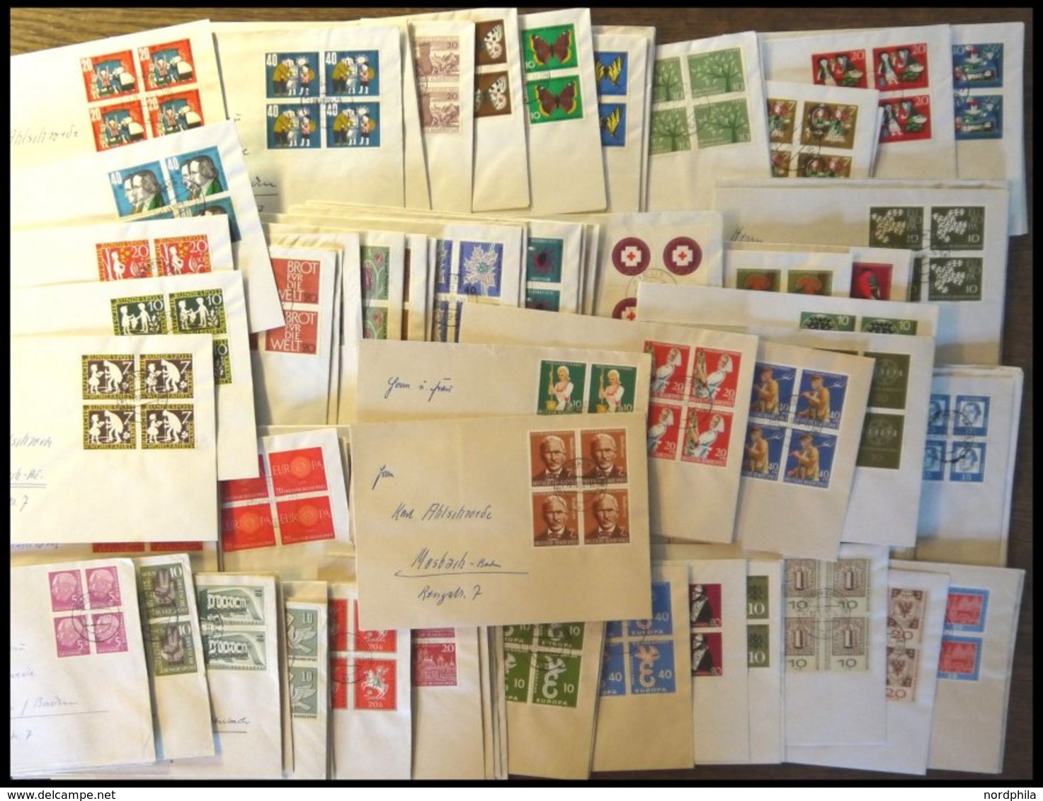 LOTS VB BRIEF, 117 Verschiedene Viererblocks Von 1954-64 Mit Zentrischen Stempeln Auf Sammlerbriefen, Pracht - Usati