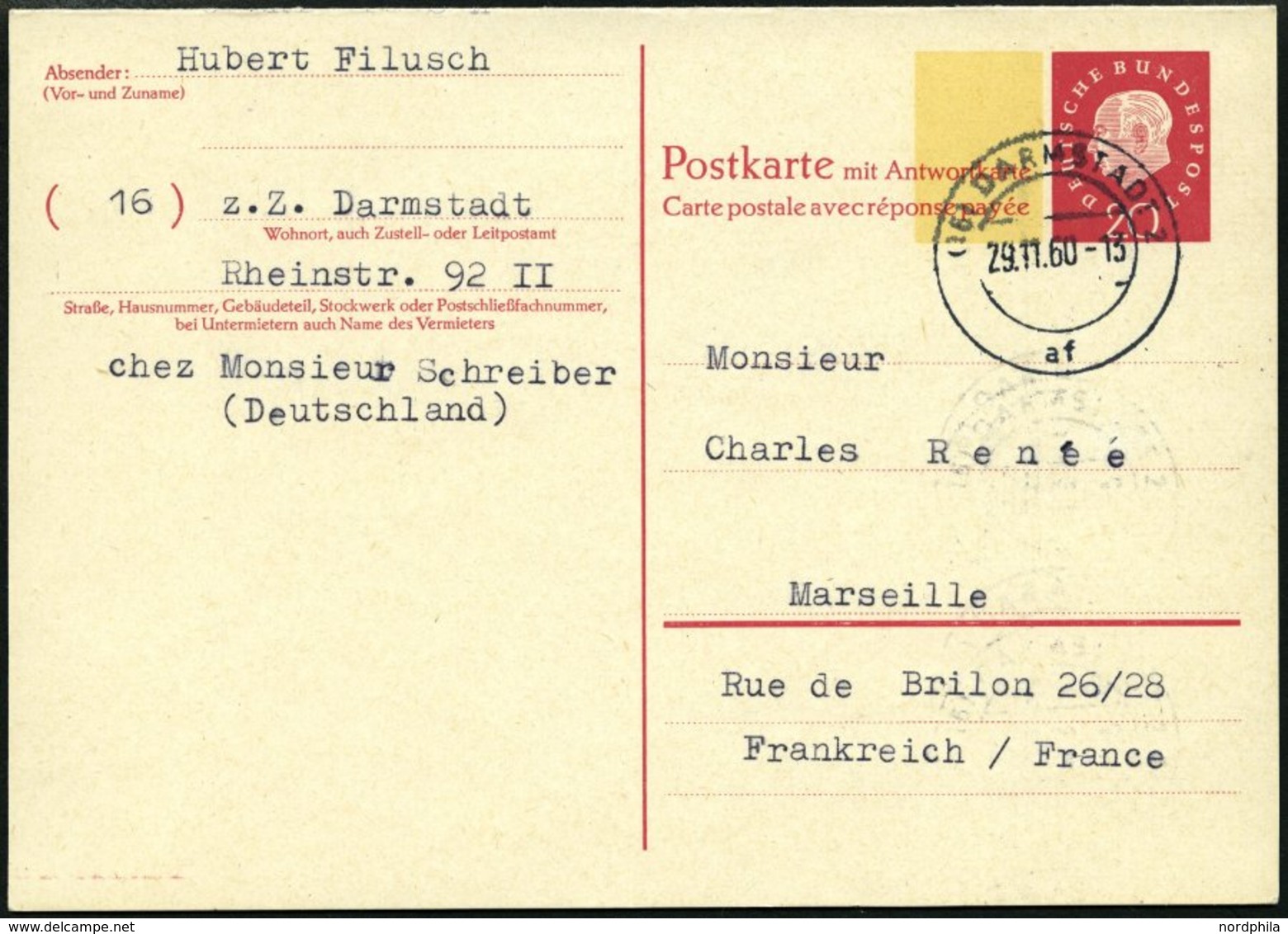 GANZSACHEN P 46I BRIEF, 1960, 20/20 Pf. Heuss, Breiter Fluoreszierender Beidruck, Stempel DARMSTADT, Rückseitig Unbeschr - Sammlungen