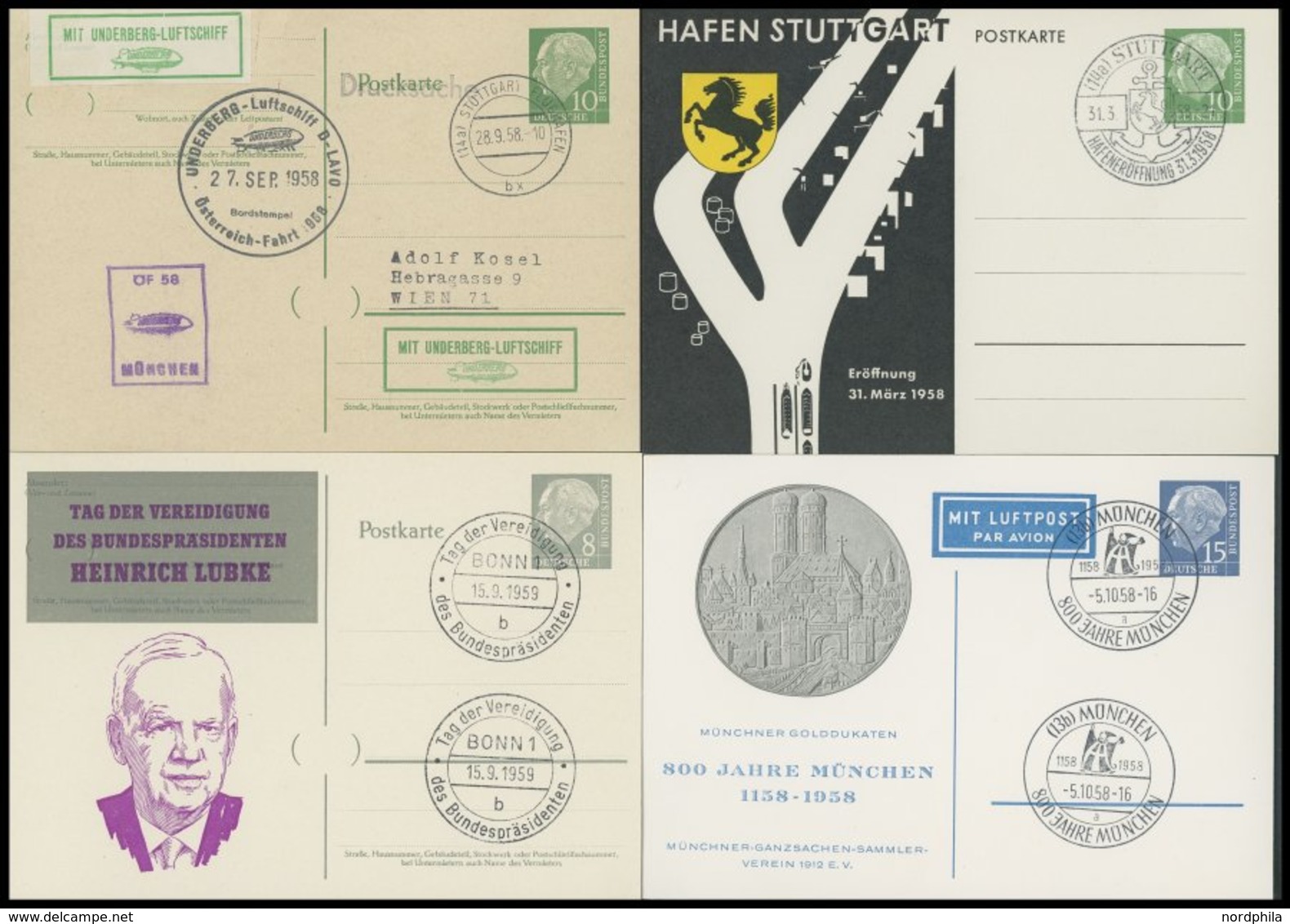 GANZSACHEN 1958/9, 4 Verschiedene Privat-Ganzsachen Heuss, Sonderstempel, Pracht - Colecciones