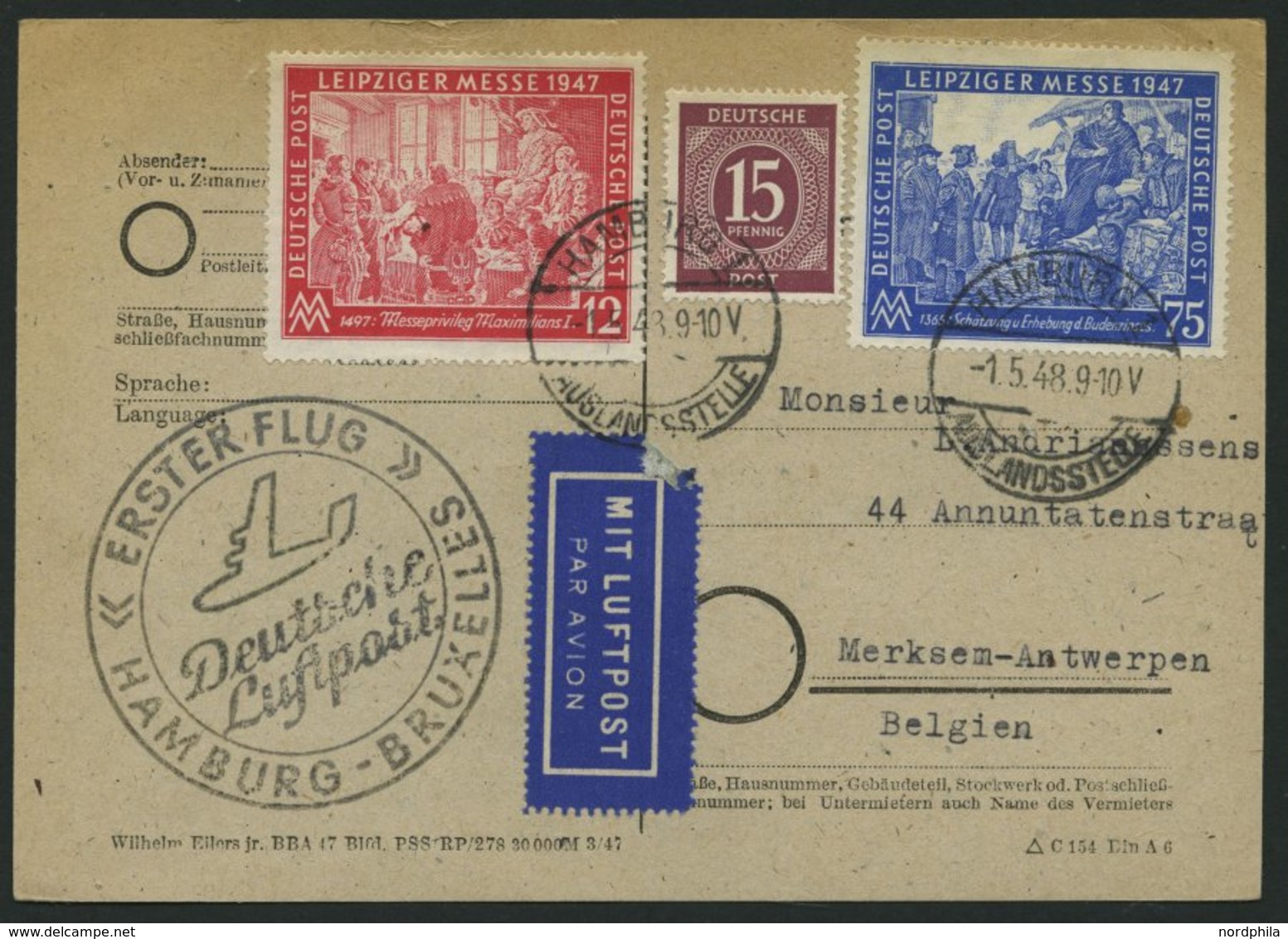 ERST-UND ERÖFFNUNGSFLÜGE 2301 BRIEF, 1.5.48, Hamburg-Brüssel, Flugbestätigungsstempel In Schwarz (Gefälligkeitsabstempel - Cartas & Documentos