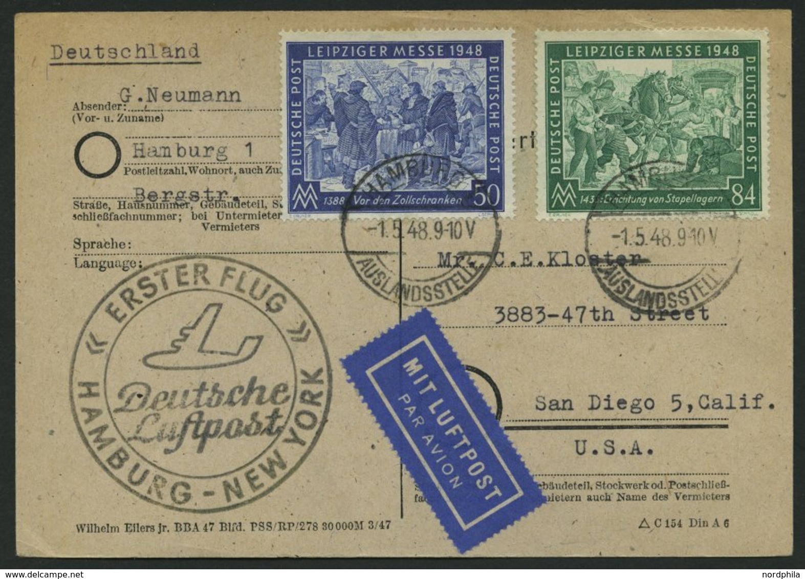 ERST-UND ERÖFFNUNGSFLÜGE 2304 BRIEF, 1.5.48, Hamburg-New York, Flugbestätigungsstempel In Schwarz (Gefälligkeitsabstempe - Briefe U. Dokumente