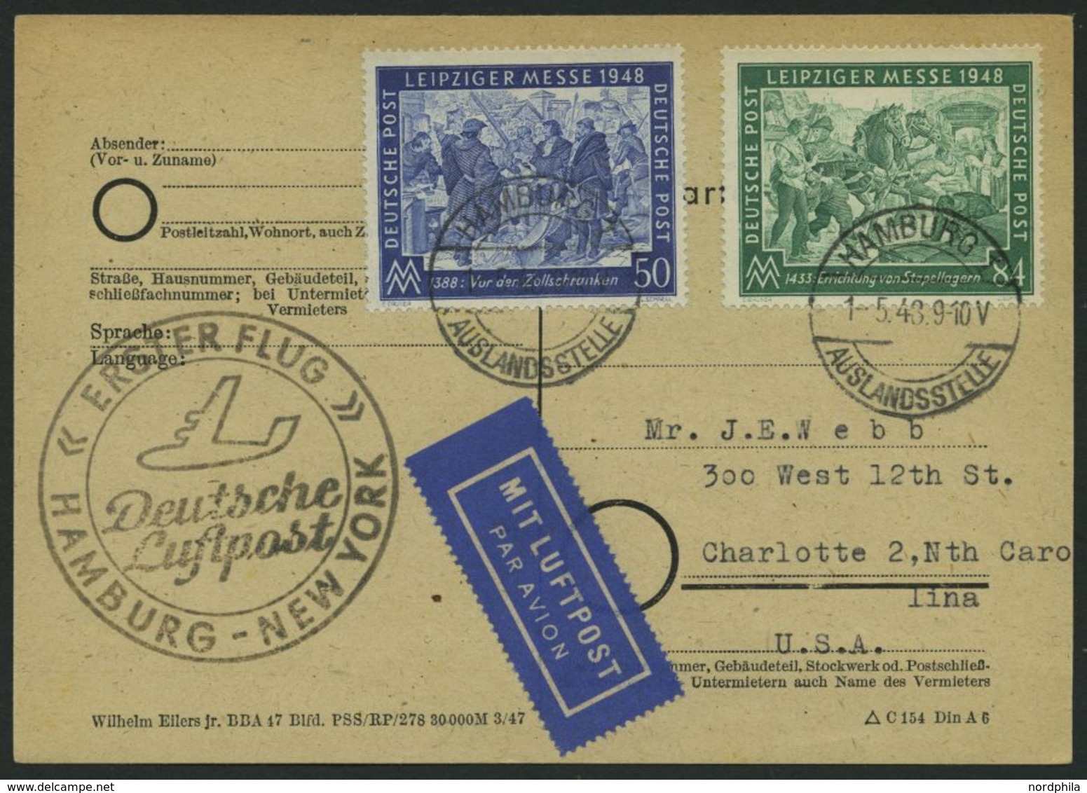 ERST-UND ERÖFFNUNGSFLÜGE 2304 BRIEF, 1.5.48, Hamburg-New York, Flugbestätigungsstempel In Schwarz (Gefälligkeitsabstempe - Storia Postale