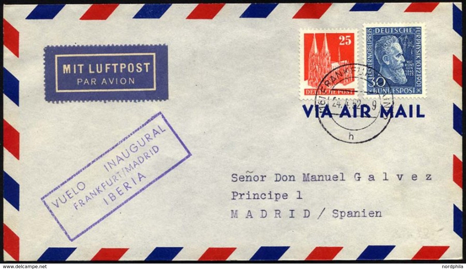 ERST-UND ERÖFFNUNGSFLÜGE 2410 BRIEF, 24.4.52, Frankfurt-Madrid, Frankiert Mit Amerk.-und Brit. Zone Nr. 87eg Und Bund Nr - Storia Postale