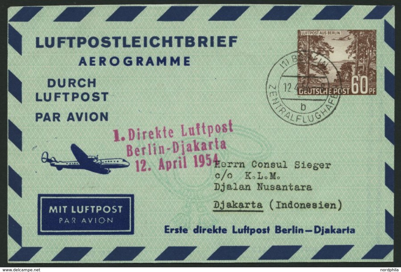 ERST-UND ERÖFFNUNGSFLÜGE 2472A BRIEF, 12.4.54, Berlin-Djakarta Auf Luftpostleichtbrief! (ohne Mitteilungen), Pracht, RR! - Covers & Documents