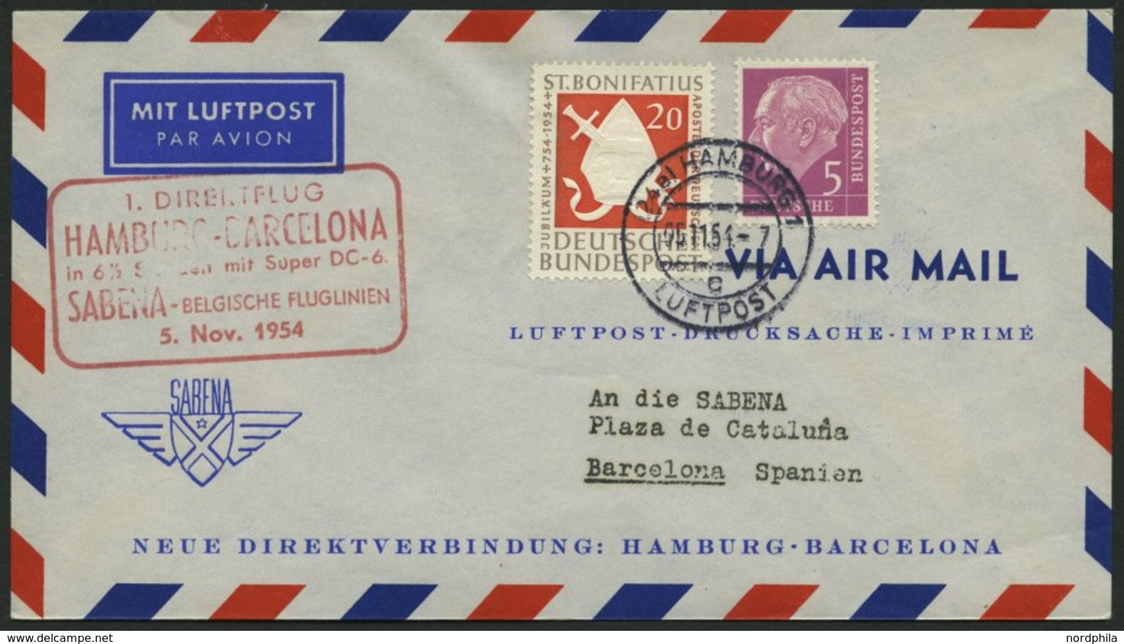 ERST-UND ERÖFFNUNGSFLÜGE 2496 BRIEF, 5.11.54, Hamburg-Barcelona, Prachtbrief - Storia Postale