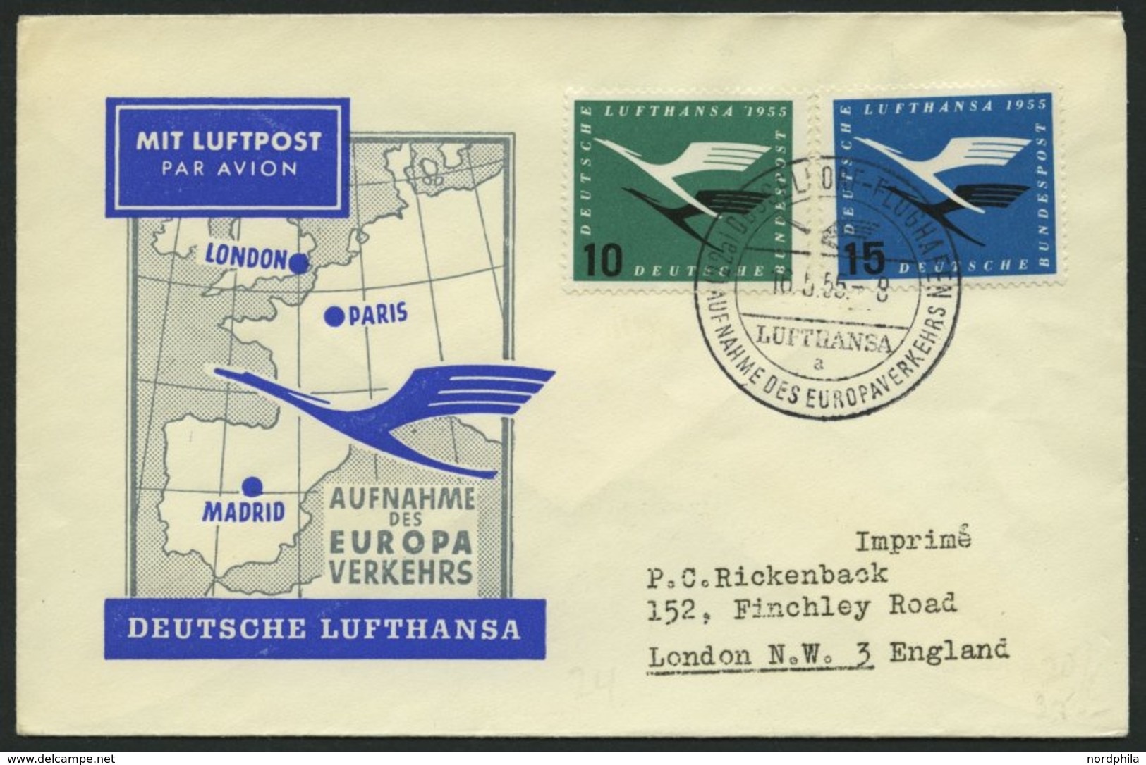 DEUTSCHE LUFTHANSA 24 BRIEF, 16.5.1955, Düsseldorf-London, Prachtbrief - Gebraucht