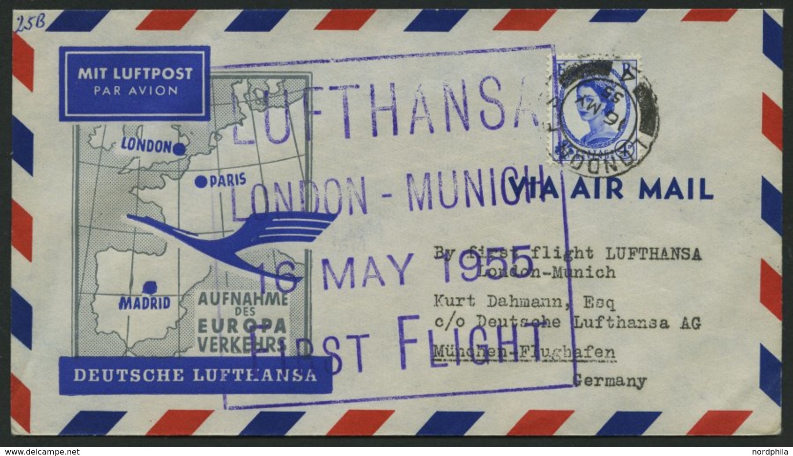DEUTSCHE LUFTHANSA 29 BRIEF, 16.5.1955, London-München, Rückseitig Stempel Deutsche Lufthansa Aktiengesellschaft Station - Usati