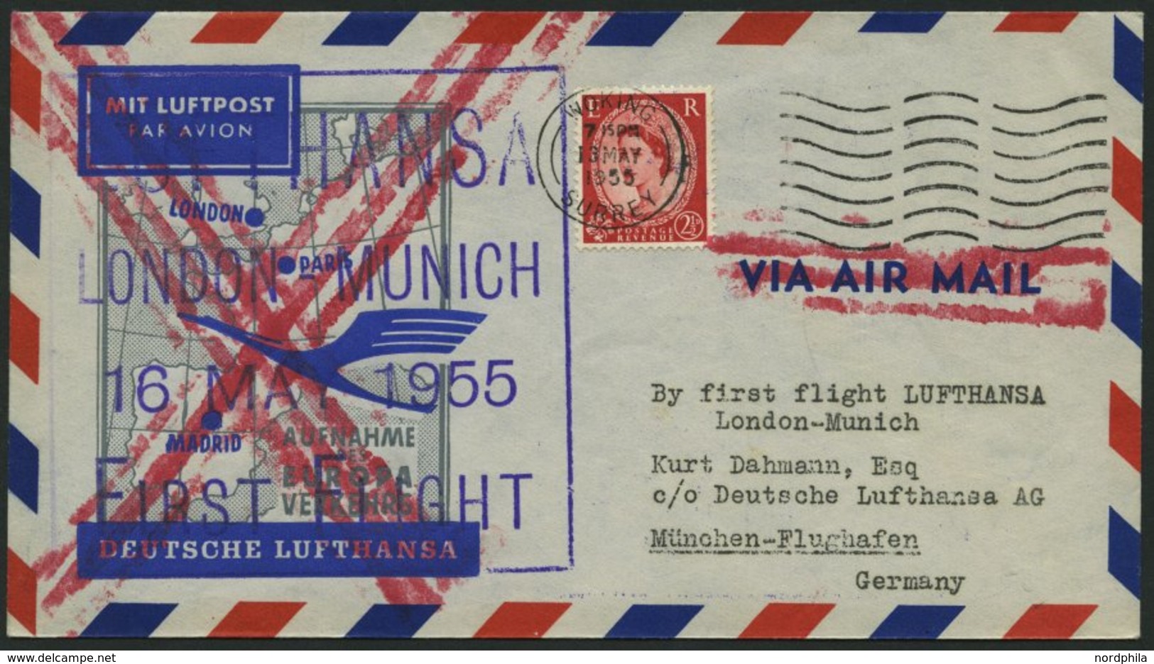 DEUTSCHE LUFTHANSA 29 BRIEF, 16.5.1955, London-München, Ohne Ankunftsstempel, Prachtbrief - Usados