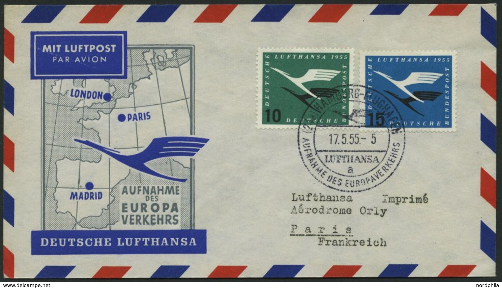 DEUTSCHE LUFTHANSA 31 BRIEF, 17.5.1955, Hamburg-Paris, Prachtbrief - Oblitérés