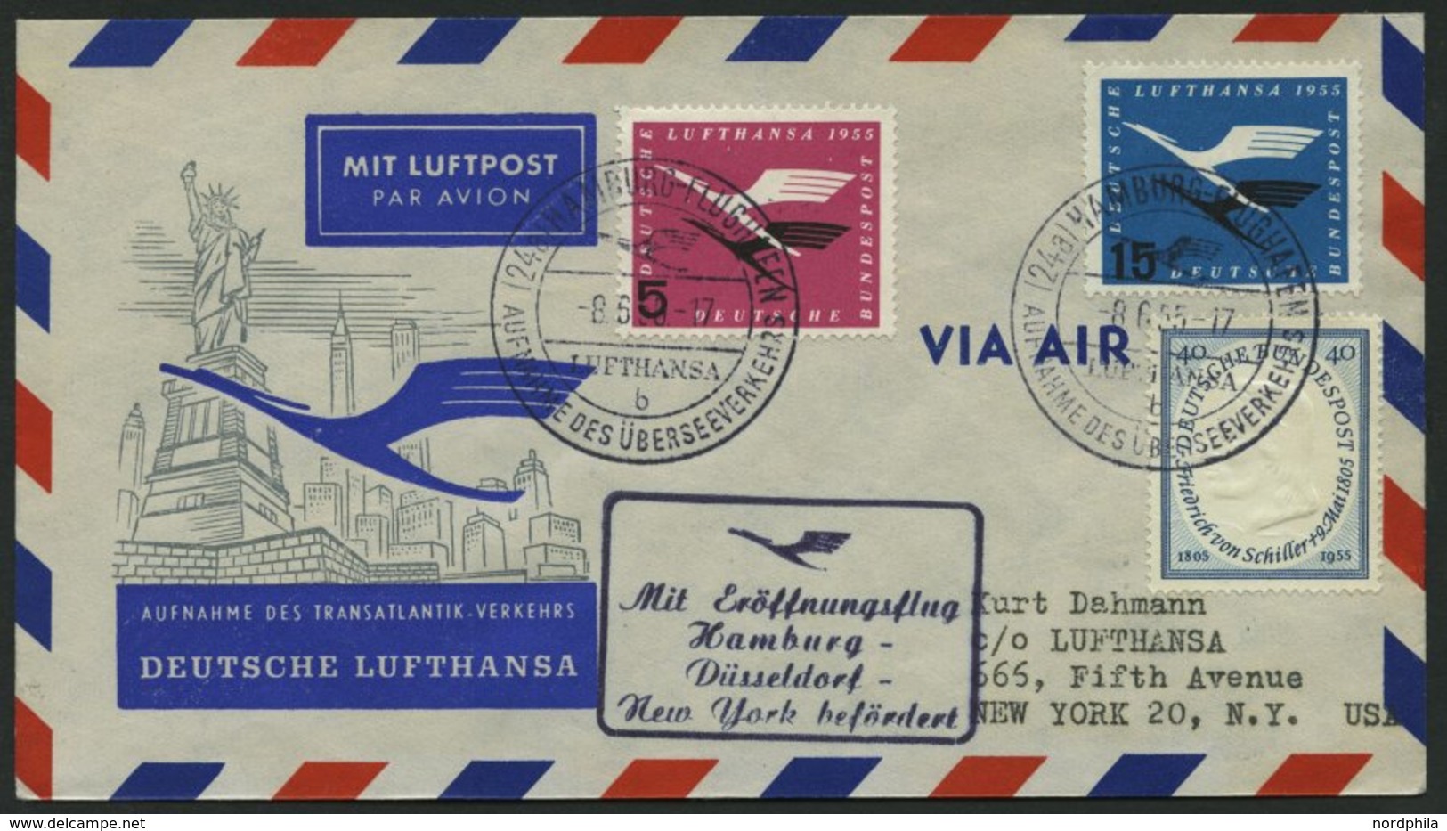 DEUTSCHE LUFTHANSA 34 BRIEF, 8.6.1955, Hamburg-New York, Prachtbrief - Usados