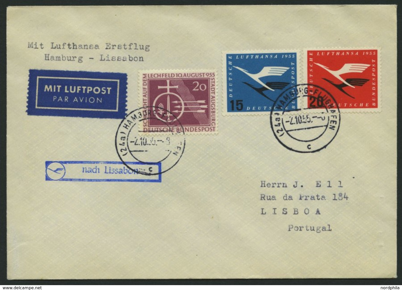 DEUTSCHE LUFTHANSA 44 BRIEF, 2.10.1955, Hamburg-Lissabon, Prachtbrief - Usati