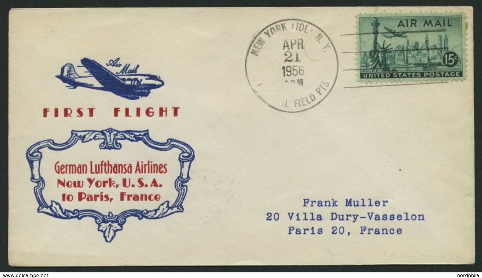 DEUTSCHE LUFTHANSA 60 BRIEF, 23.4.1956, New York-Paris, Prachtbrief - Used Stamps