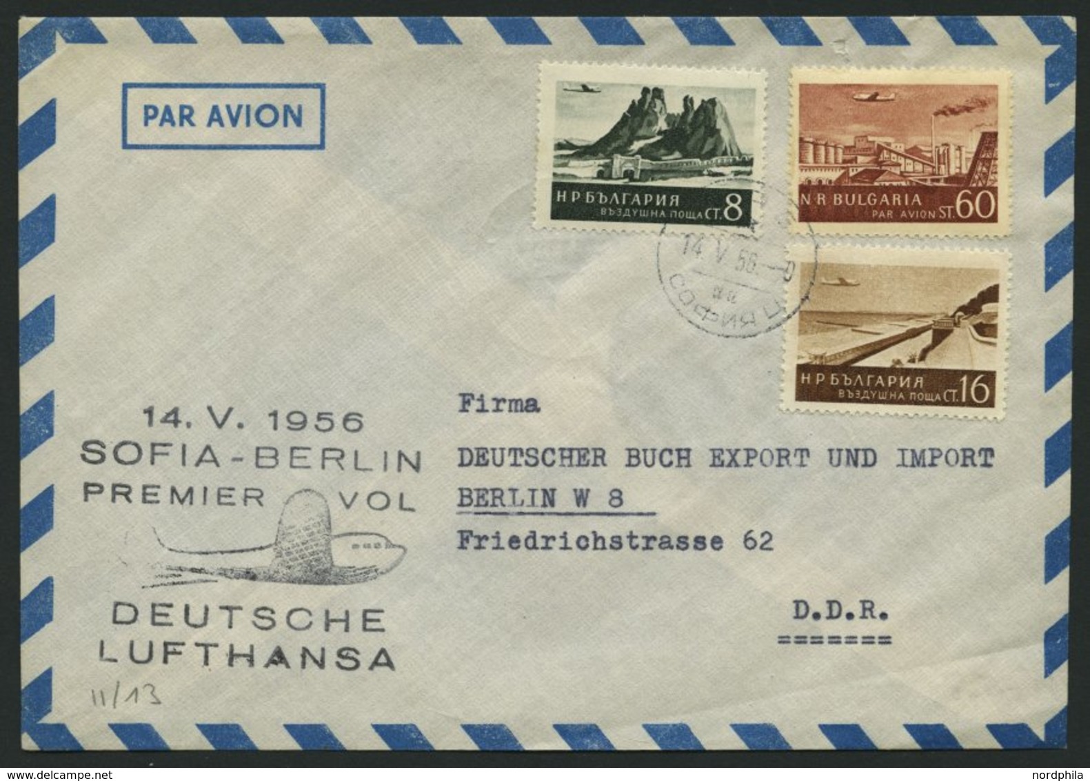 DEUTSCHE LUFTHANSA 14.5.1956, LH-Erstflug SOFIA-BERLIN Mit Bulgarischer Frankatur, Pracht - Used Stamps