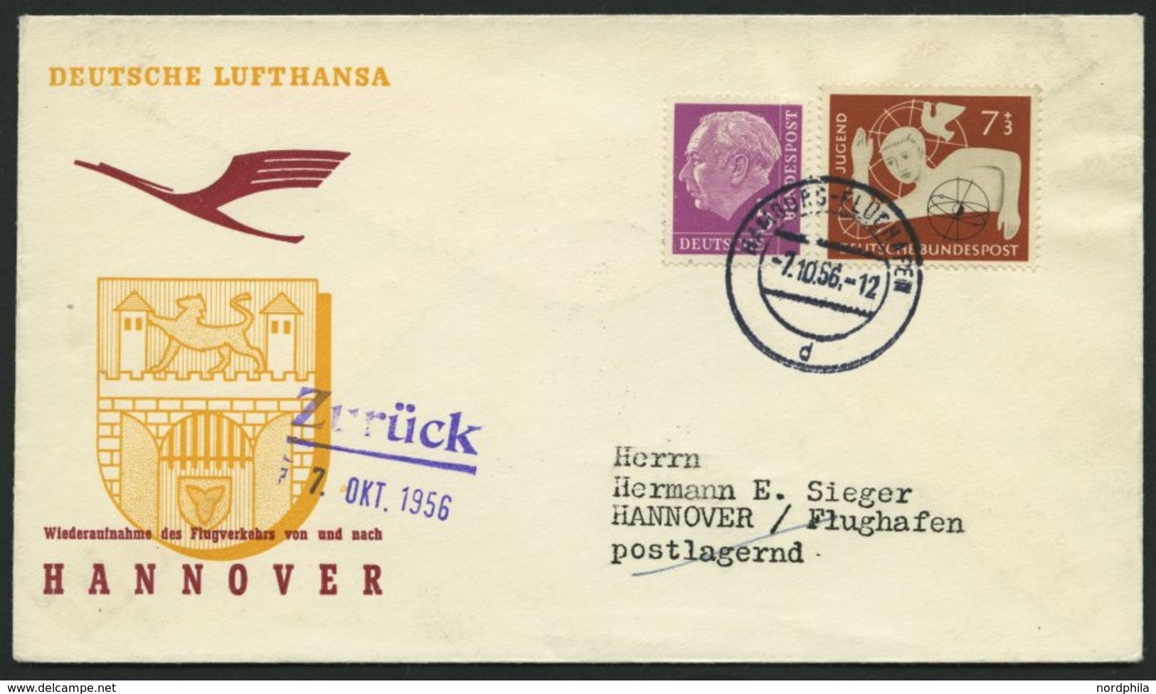 DEUTSCHE LUFTHANSA 115 BRIEF, 7.10.1956, Hamburg-Hannover, Prachtbrief - Usati