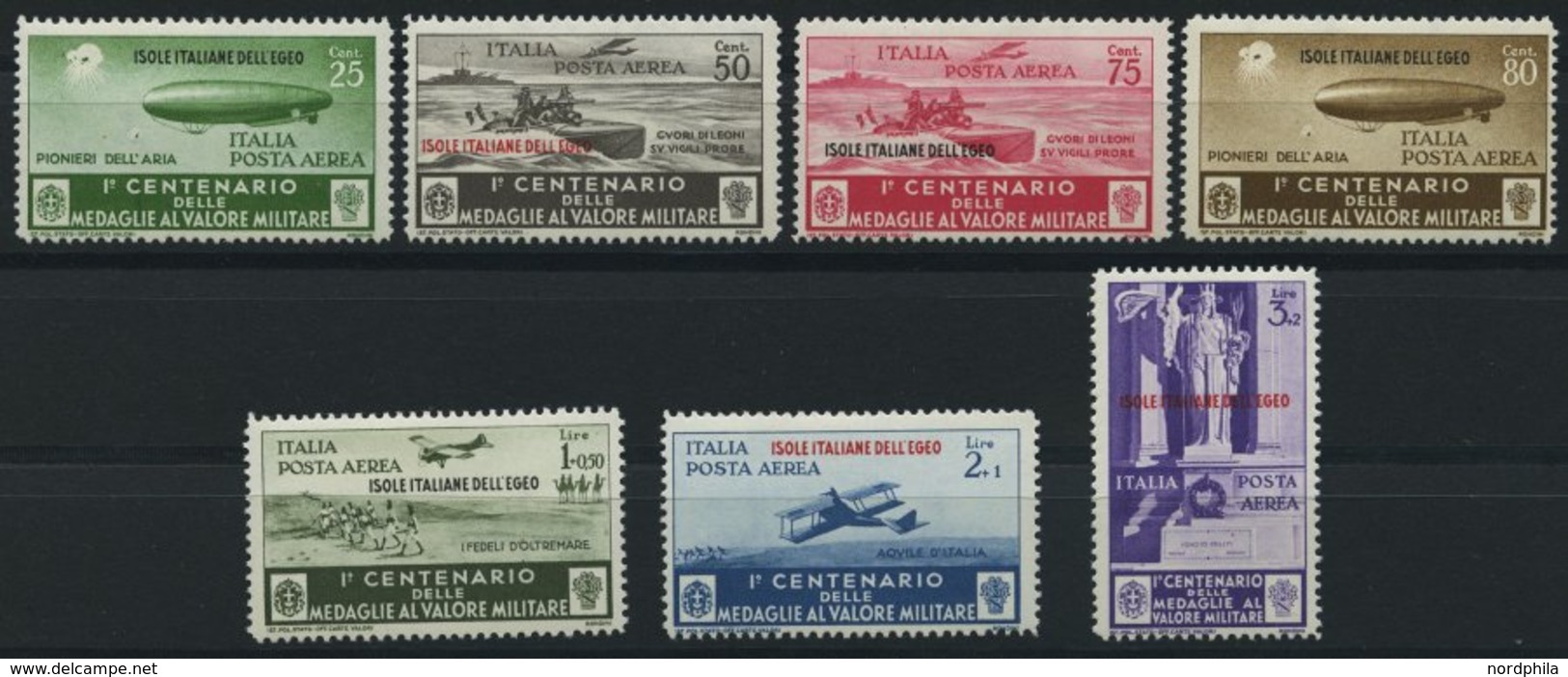 ÄGÄISCHE INSELN 157-63 *, 1935, Flugpostmarken 100 Jahre Tapferkeitsmedaille, 7 Prachtwerte - Egeo