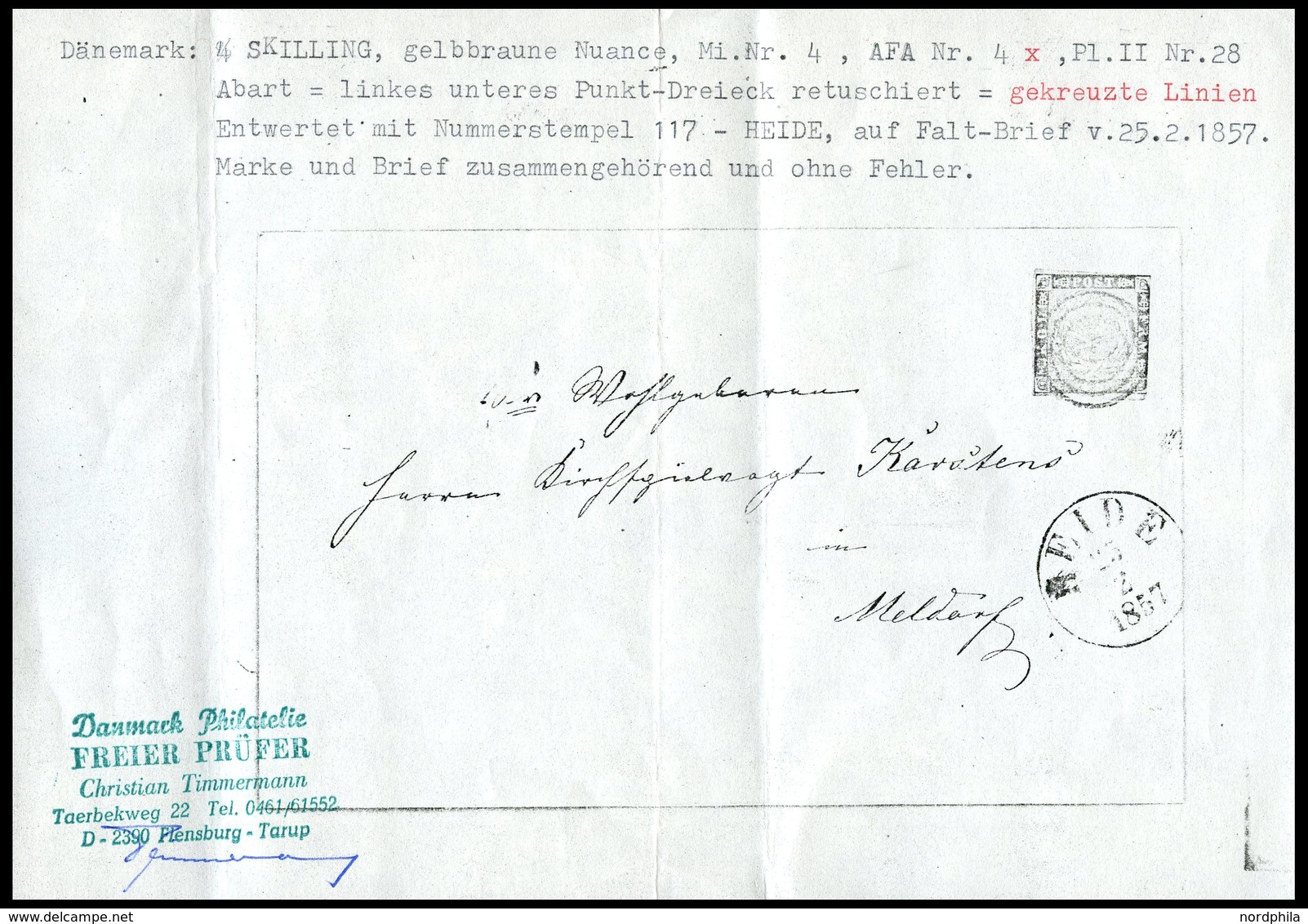 DÄNEMARK 4 BRIEF, 1954, 4 S. Rotbraun, Platte II, Nr. 28, Mit Abart Linkes Unteres Punktdreieck Retuschiert (AFA 4x), Nu - Oblitérés