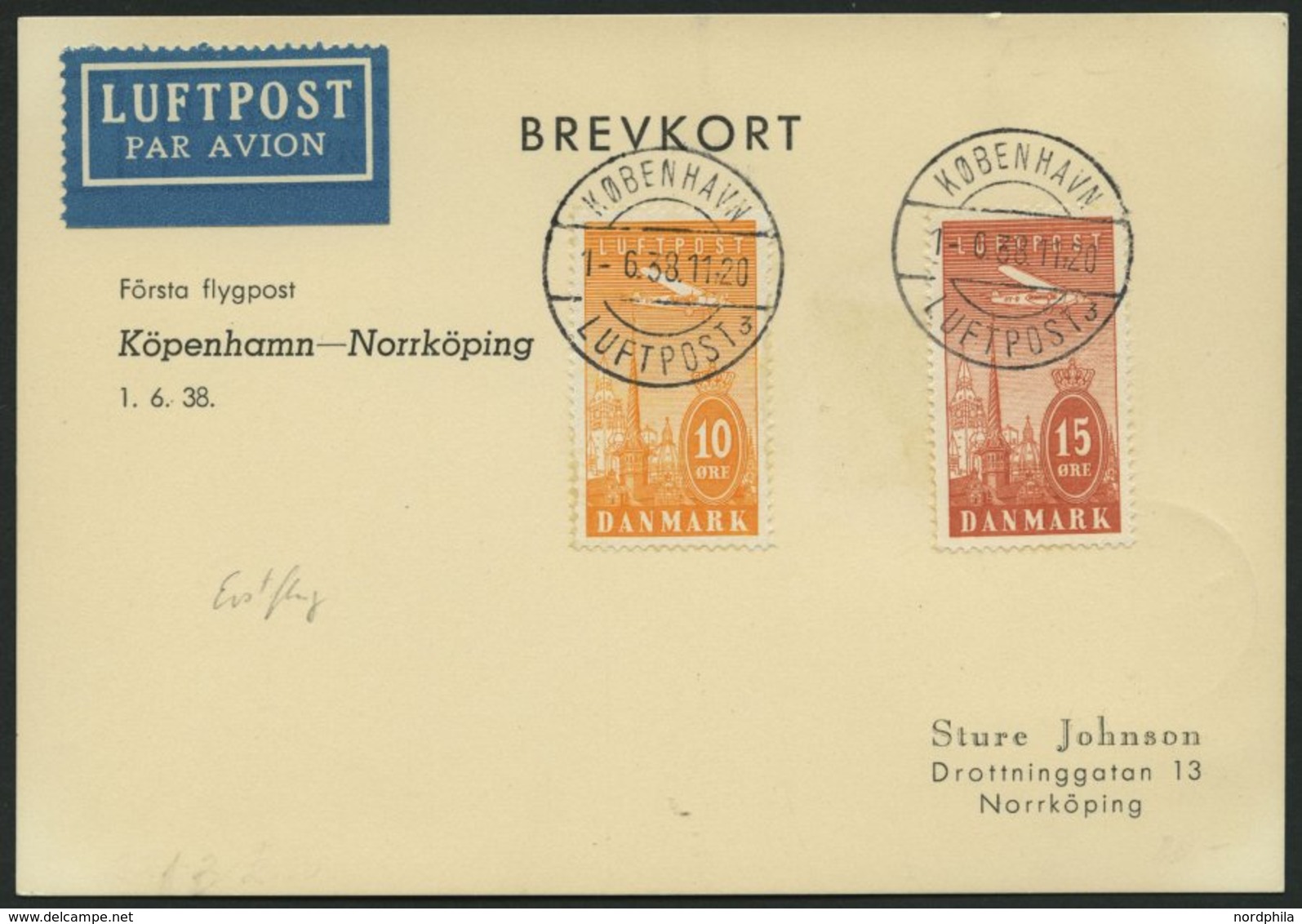 ERSTFLÜGE 1.6.1938, Kopenhagen-Norrköping-Stockholm, Prachtkarte - Other & Unclassified