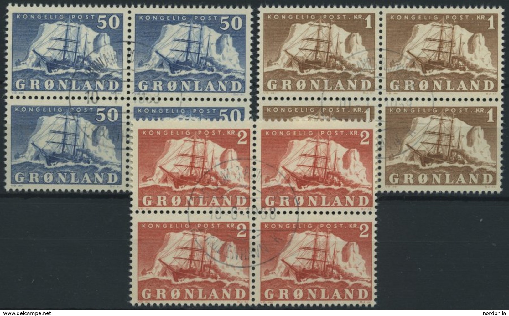 GRÖNLAND - DÄNISCHE POST 34-36 VB O, 1950, 50 ø - 2 Kr. Schiffe, Je Im Zentrisch Gestempelten Viererblock, Pracht, Mi. ( - Other & Unclassified
