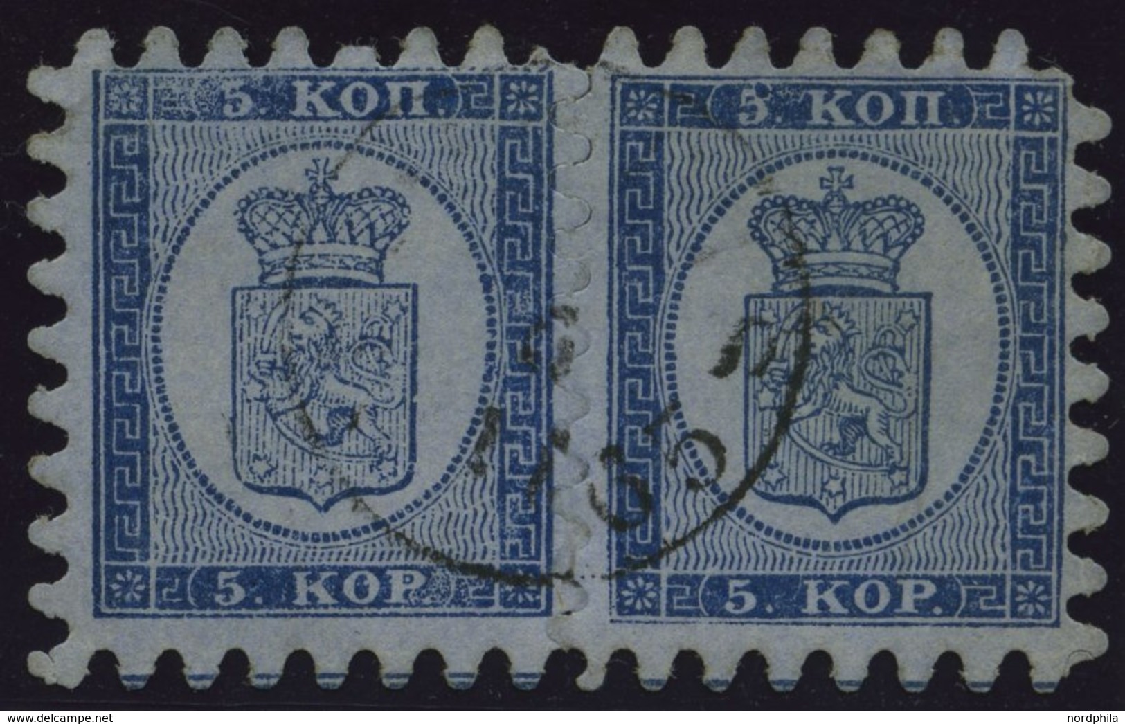 FINNLAND 3B Paar O, 1865, 5 K. Blau Auf Graublau Im Waagerechten Paar, Linke Marke Oben Zwei Verkürzte Zähne, Pracht, Ex - Sonstige & Ohne Zuordnung