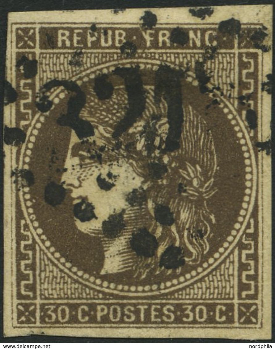 FRANKREICH 42 O, 1870, 30 C. Dunkelbraun, Nummernstempel, Pracht - Sonstige & Ohne Zuordnung