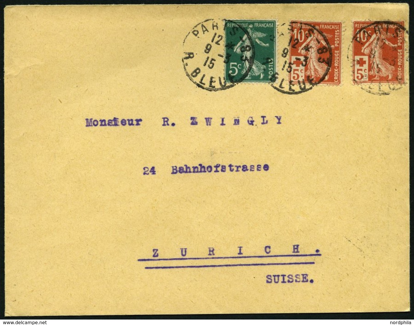 FRANKREICH 126 BRIEF, 1915, 10 C. Rotes Kreuz, 2x Mit Zusatzfrankatur (Mi.Nr. 116) Auf Brief Von PARIS Nach Zürich, Fein - Other & Unclassified