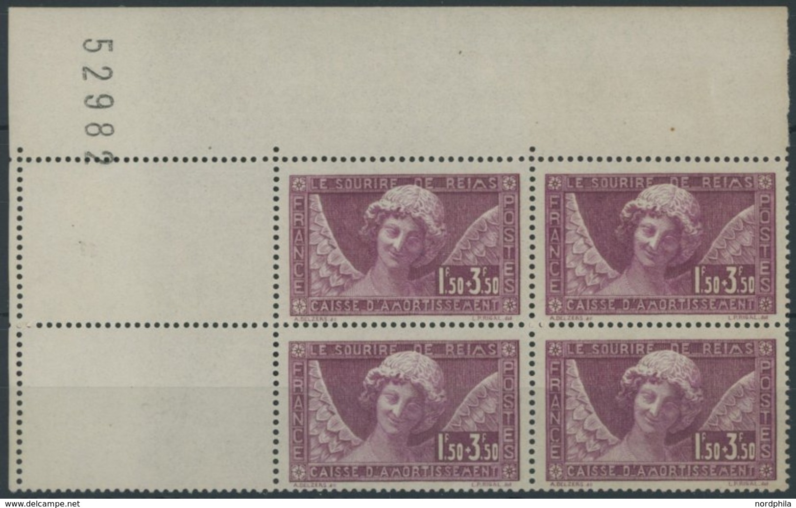 FRANKREICH 248 VB **, 1930, 1.50 Fr. Staatsschuldentilgungskasse, Im Linken Oberen Eckrandviererblock Mit Platten-Nummer - Altri & Non Classificati