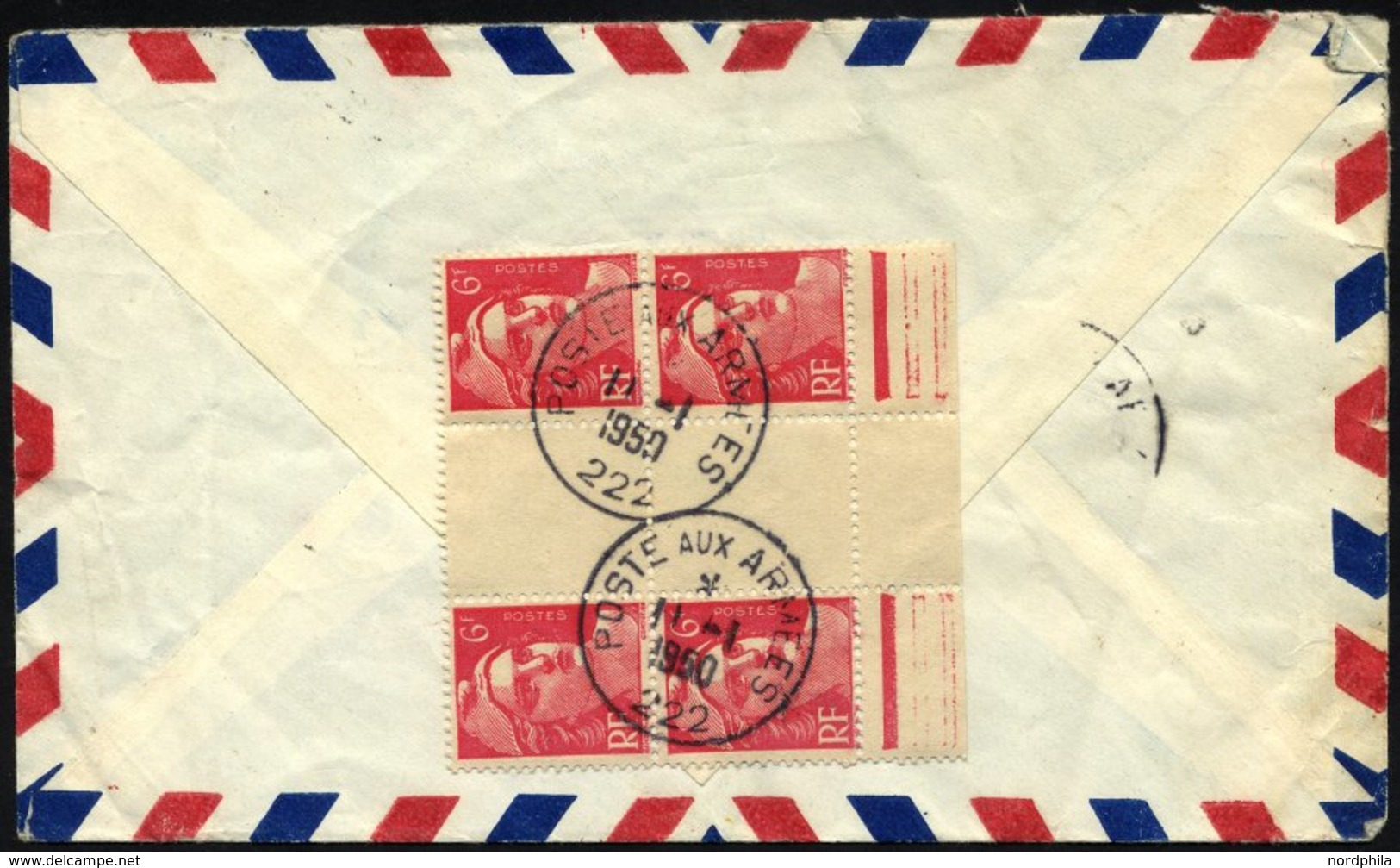 FRANKREICH FELDPOST 801,848 BRIEF, 1950, 1 Fr. Provinzwappen Und Rückseitig 6 Fr. Karminrosa Mit Zwischensteg Im Paar Mi - Francobolli Di Guerra