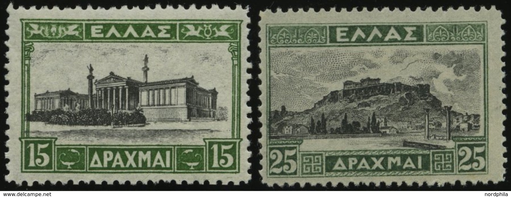 GRIECHENLAND 316/7I *, 1927, 15 Dr. Gelbgrün/schwarz Und 25 Dr. Grün/schwarz, Type I, 2 Prachtwerte - Sonstige & Ohne Zuordnung