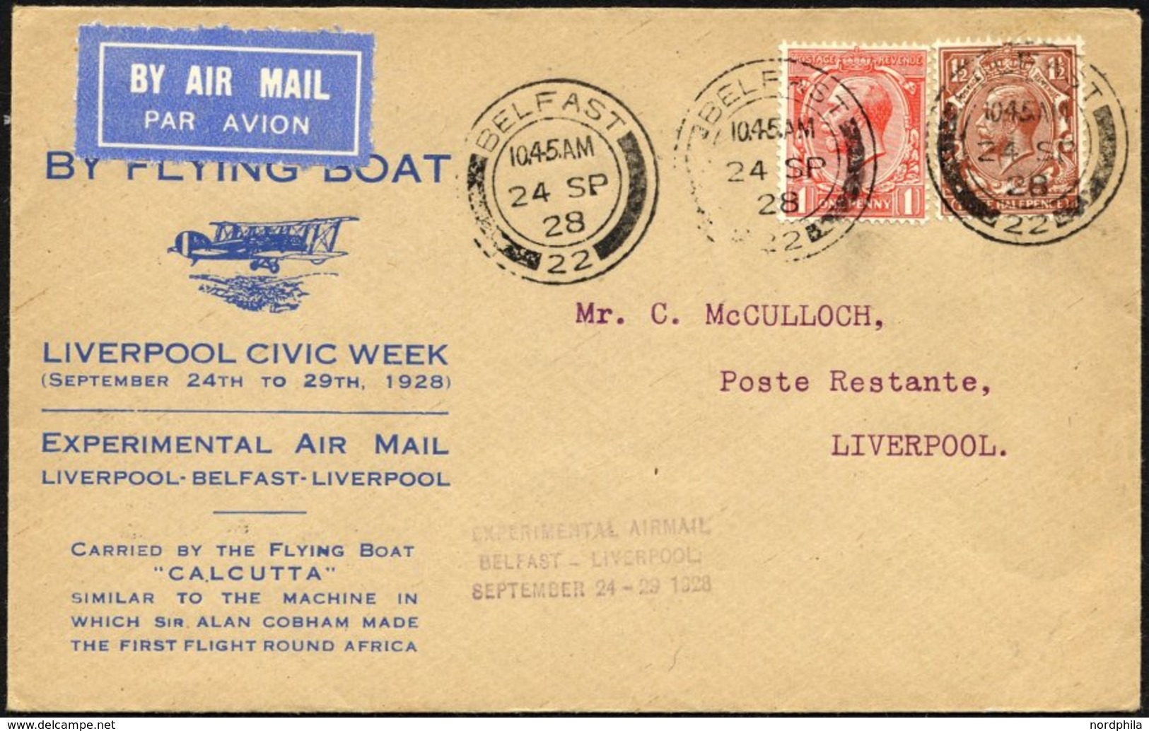 GROSSBRITANNIEN 24.-29.9.28, Experimental Flugpost LIVERPOOL-BELFAST-LIVERPOOL Mit Flugboot CALCUTTA, Gesteuert Von A. C - Altri & Non Classificati