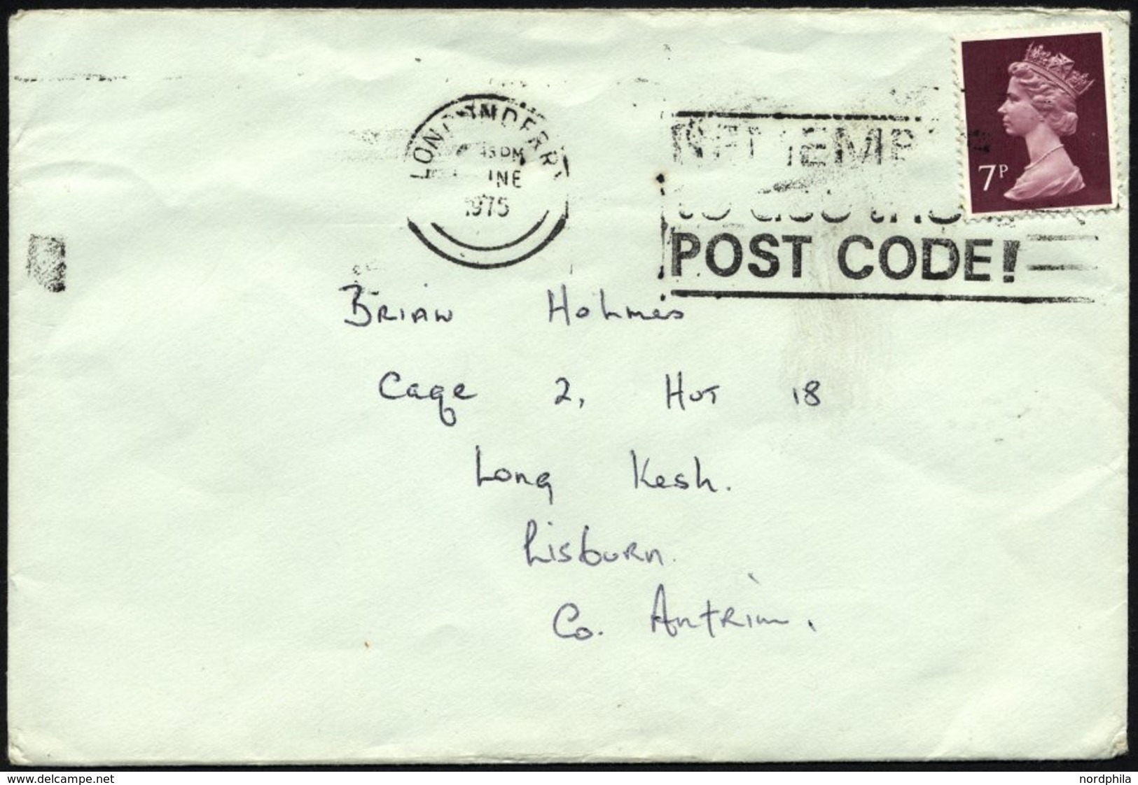 BRITISCHE MILITÄRPOST 667 BRIEF, 1975, 7 P. Dunkellilabraun Auf Brief Aus Londonderry An Den Gefangenen Brian Holmes, Be - Usati