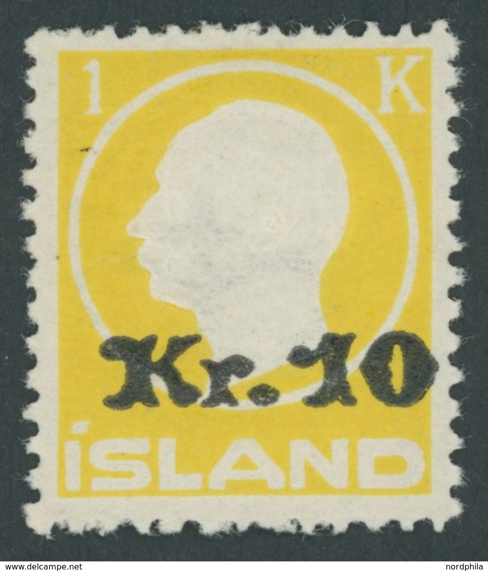 ISLAND 111 **, 1924, 10 Kr. Auf 1 Kr. Gelb, Rauhe Zähnung, Postfrisch, Pracht, Mi. 900.- - Altri & Non Classificati