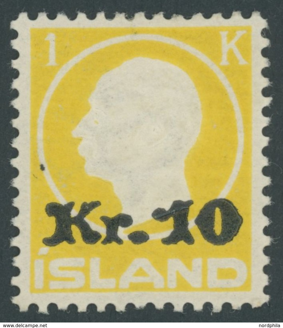 ISLAND 111 *, 1924, 10 Kr. Auf 1 Kr. Gelb, Falzrest, Pracht - Other & Unclassified