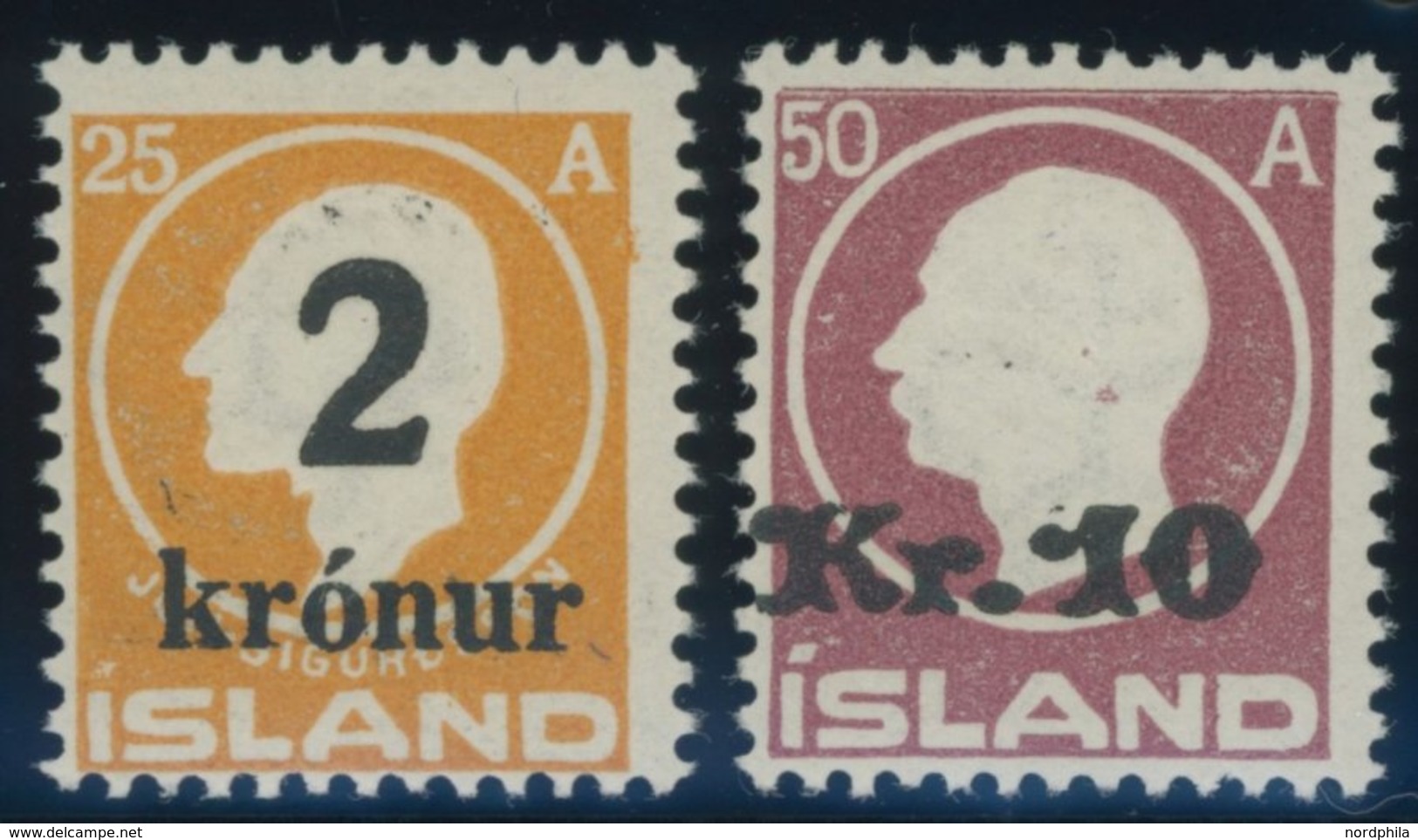 ISLAND 119/20 *, 1925/6, 2 Kr. Auf 25 A. Orange Und 10 Kr. Auf 50 A. Lilarot, Falzrest, Pracht - Altri & Non Classificati