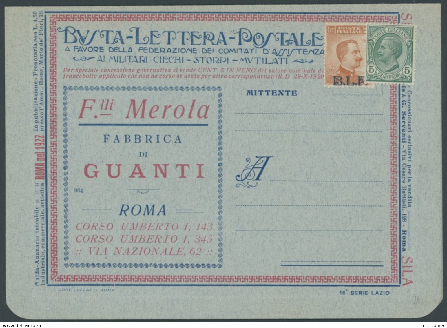 ITALIEN B 129IIa BRIEF, 1922, 20 C. Braunorange, Type II, Mit Blauem Aufdruck B.L.P. Und 5 C. Beifrankatur Auf Ungebrauc - Non Classés