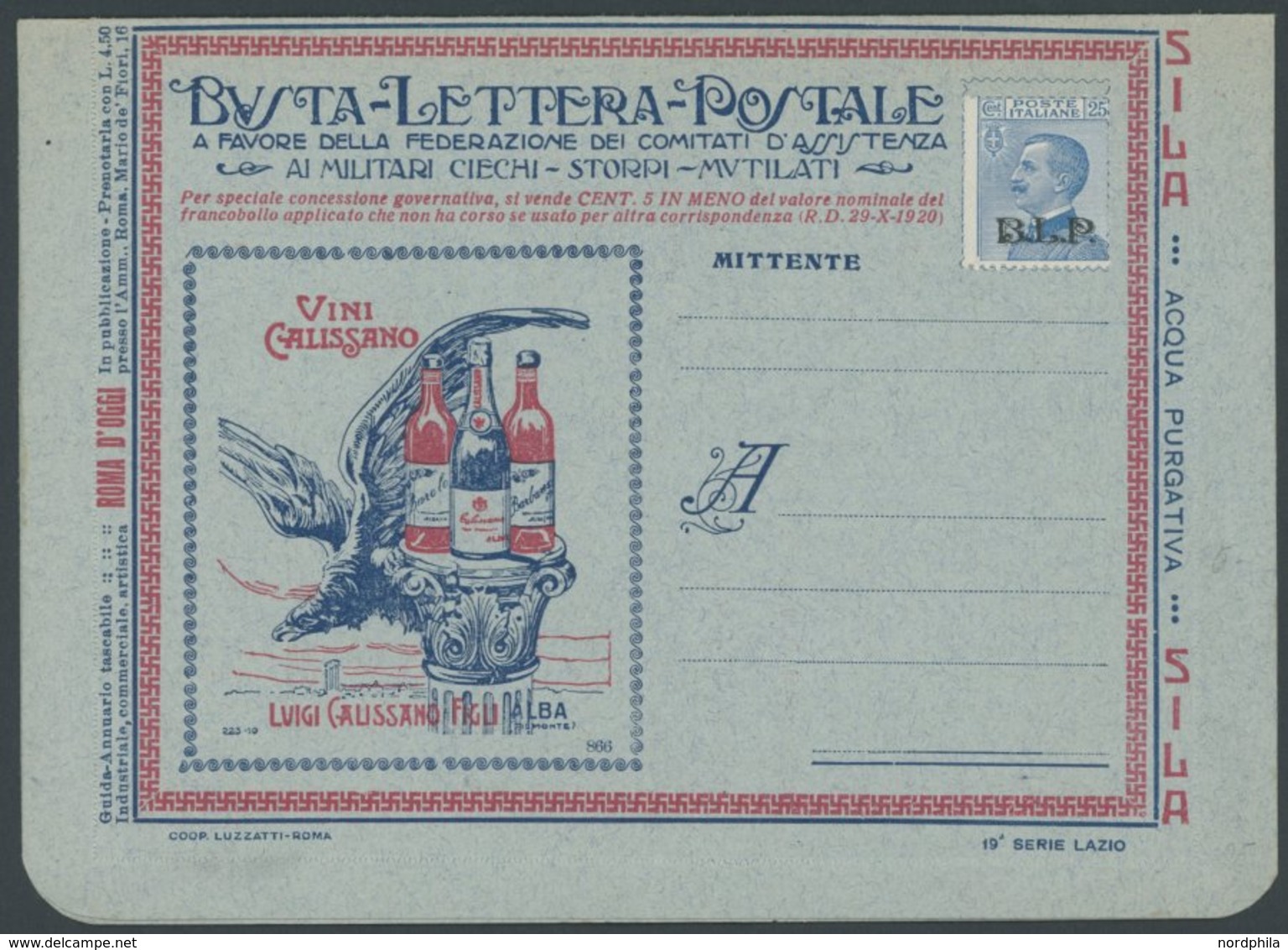 ITALIEN B 90II BRIEF, 1922, 25 C. Blau, Type II, Mit Schwarzem Aufdruck B.L.P. Auf Ungebrauchtem Inseraten-Kartenbrief,  - Ohne Zuordnung