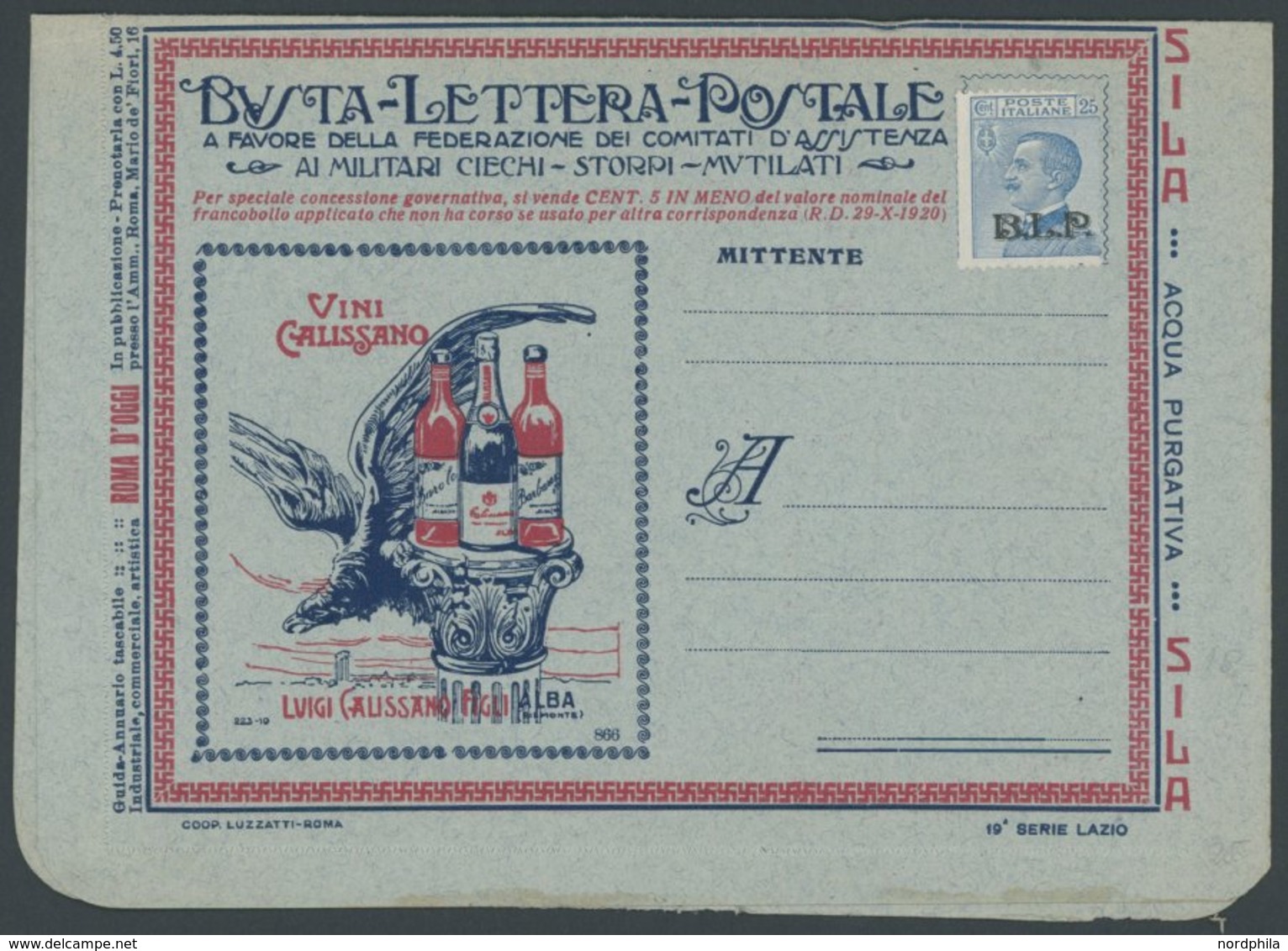 ITALIEN B 90II BRIEF, 1922, 25 C. Blau, Type II, Mit Schwarzem Aufdruck B.L.P. Auf Ungebrauchtem Inseraten-Kartenbrief,  - Non Classés