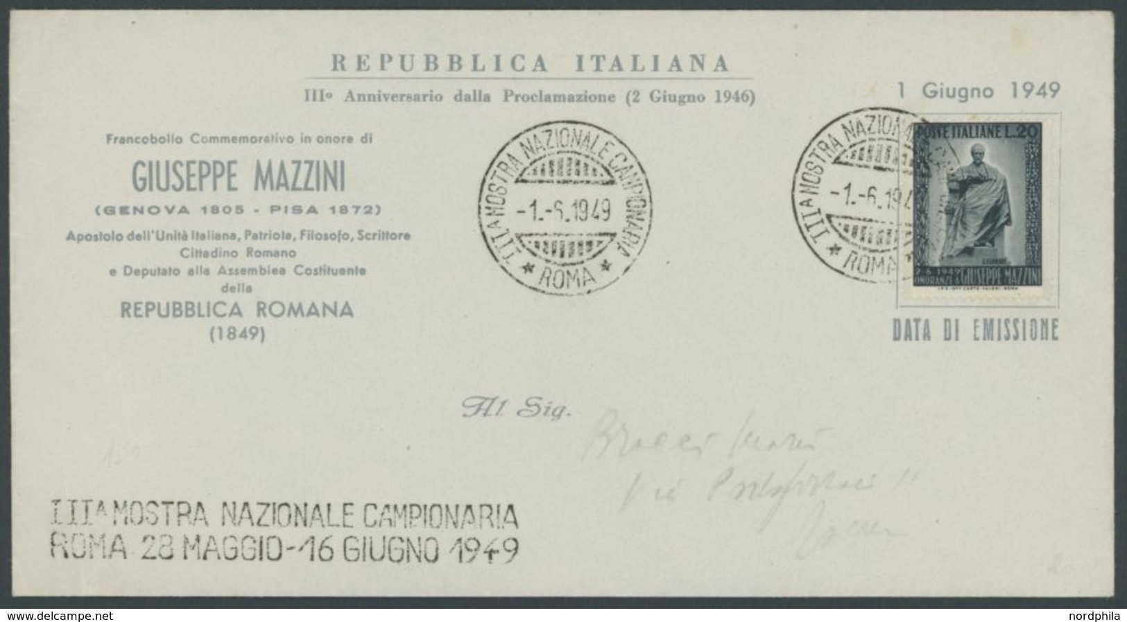 ITALIEN 777 BRIEF, 1949, 20 L. Giuseppe-Mazzini Denkmal Auf FDC, Feinst, Mi. 90.- - Non Classés