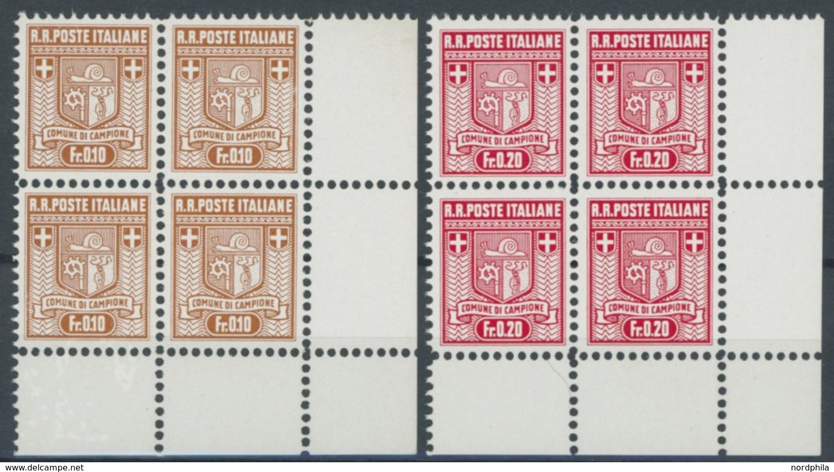 GEMEINDE CAMPIONE 2/3A VB **, 1944, 0.10 Und 0.20 Fr. Wappen, Gezähnt 111/2, In Unteren Rechten Eckrandviererblocks, Pos - Unclassified