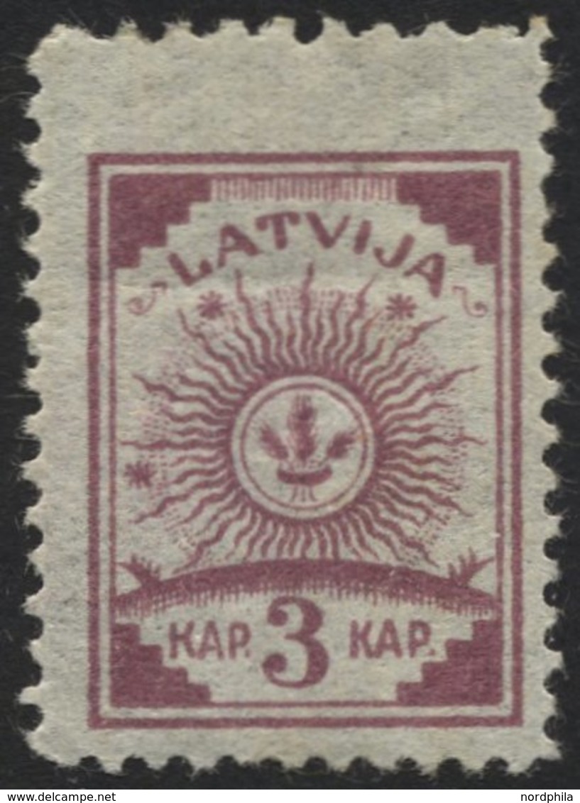 LETTLAND 6 *, 1919, 3 K. Lila, Dreiseitig Gezähnt L 111/2, Oben Gezähnt L 9 3/4, Falzrest, Pracht - Letonia