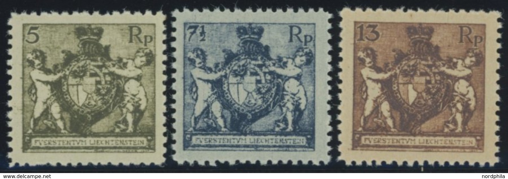 LIECHTENSTEIN 48/9,51B **, 1921, 5, 71/2 Und 13 Rp. Landeswappen, Gezähnt L 121/2, Postfrisch, 3 Prachtwerte, Mi. 115.- - Altri & Non Classificati