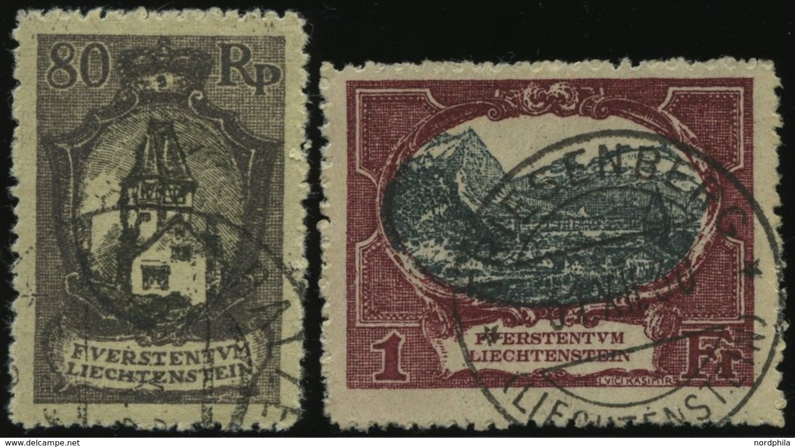 LIECHTENSTEIN 59/60 O, 1921, 80 Rp. Und 1 Fr. Landschaften, Rauhe Zähnung, 2 Prachtwerte, Mi. 155.- - Autres & Non Classés