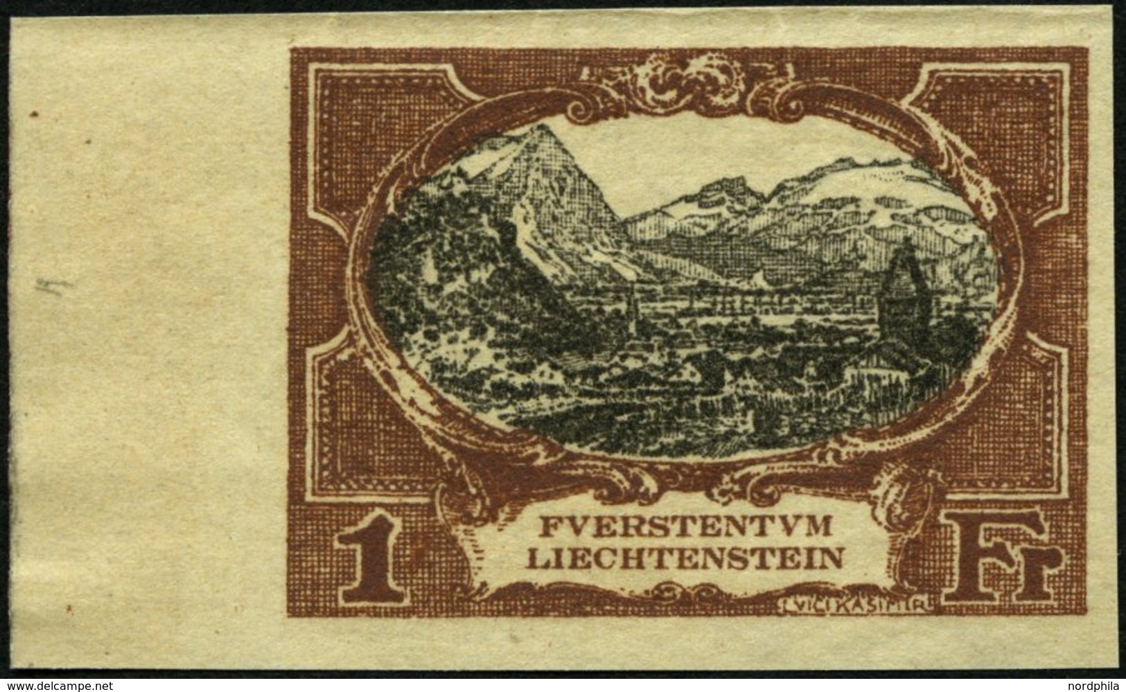 LIECHTENSTEIN 60P1 (*), 1921, 1 Fr., Ungezähnte Farbprobe In Braun, Pracht, Fotoattest Marxer (Kopie Eines Ehemaligen Vi - Other & Unclassified