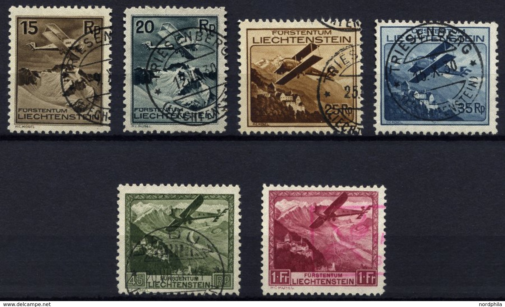 LIECHTENSTEIN 108-13 O, 1930, Flugzeug über Landschaften, üblich Gezähnter Prachtsatz, Mi. 300.- - Sonstige & Ohne Zuordnung