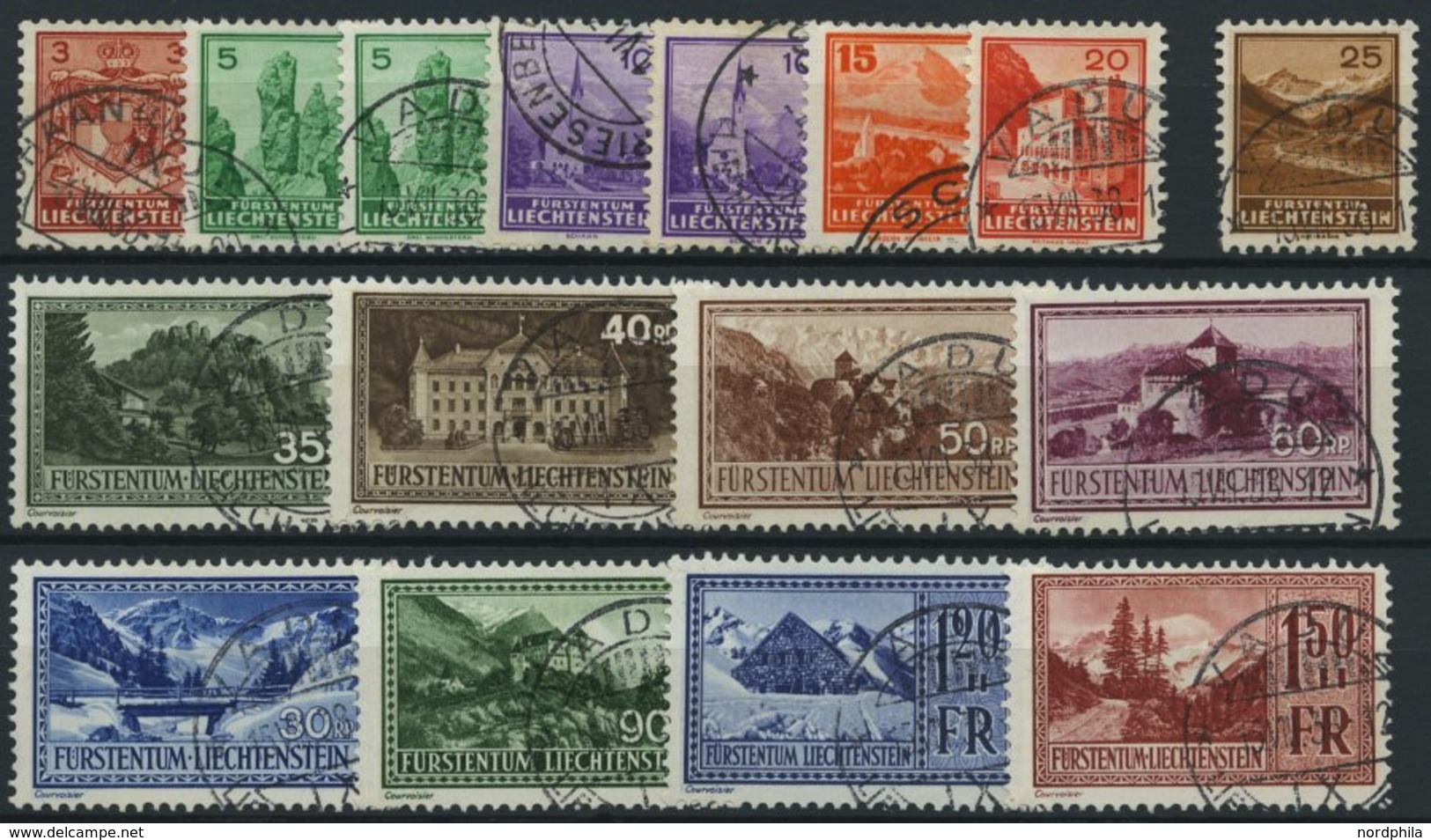 LIECHTENSTEIN 126-39x,y O, 1934, Landeswappen, Landschaften Und Gebäude, Prachtsatz (16 Werte), Mi. 281.- - Autres & Non Classés