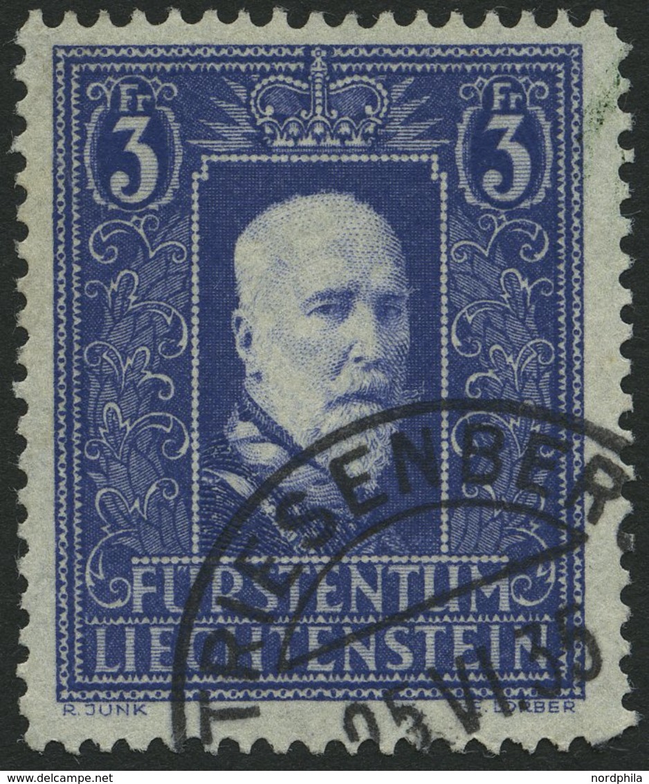 LIECHTENSTEIN 141I O, 1933, 3 Fr. Fürst Franz I, Pracht, Fotoattest Marxer, Mi. 280.- - Other & Unclassified