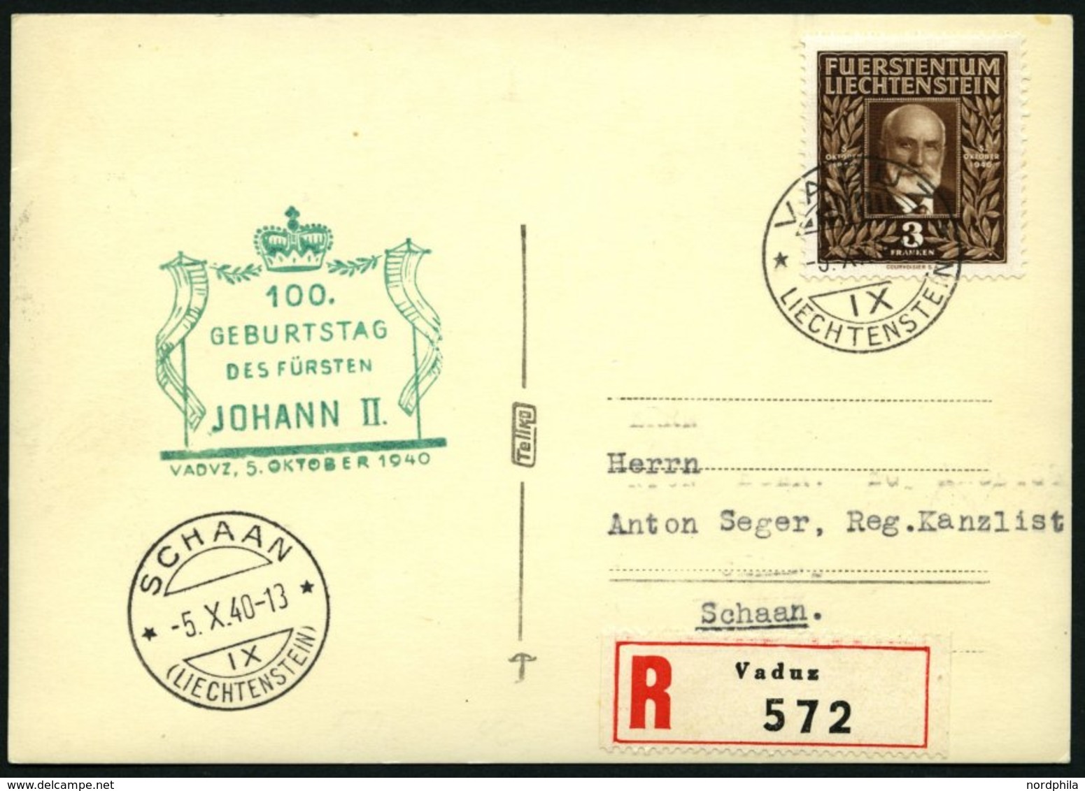 LIECHTENSTEIN 191 BRIEF, 1940, 3 Fr. 100 Geburtstag Auf Ersttagskarte, Pracht - Autres & Non Classés