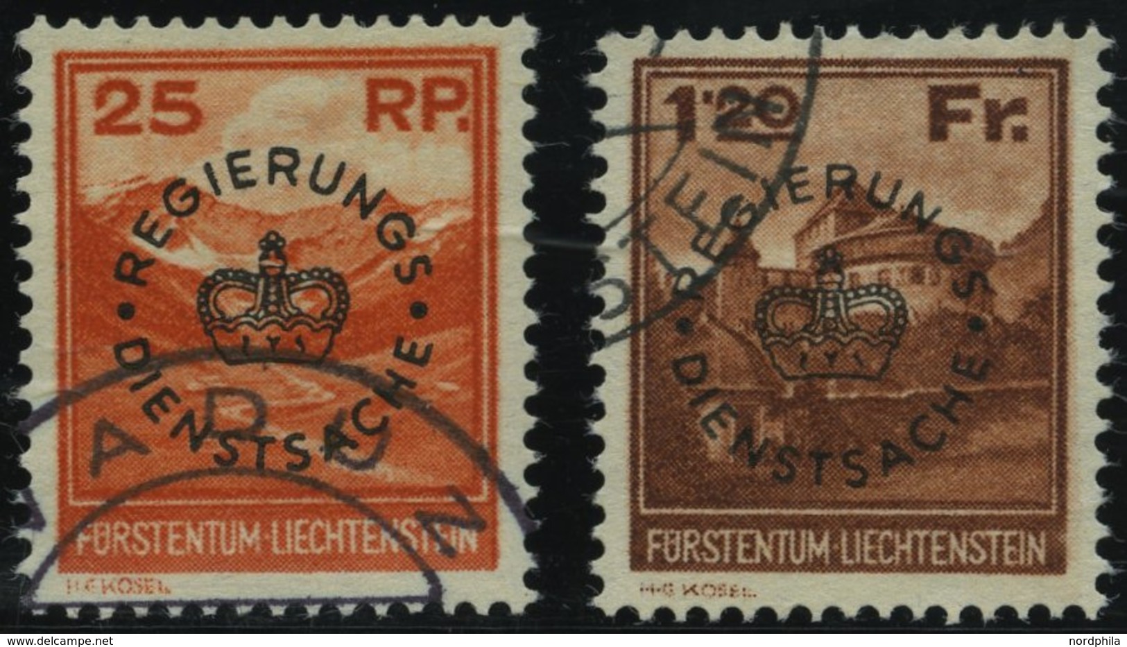 DIENSTMARKEN D 9/10 O, 1933, 25 Rp. Valünatal Und Naafkopf Und 1.20 Fr. Burg Vaduz, 2 Prachtwerte, Mi. 475.- - Servizio