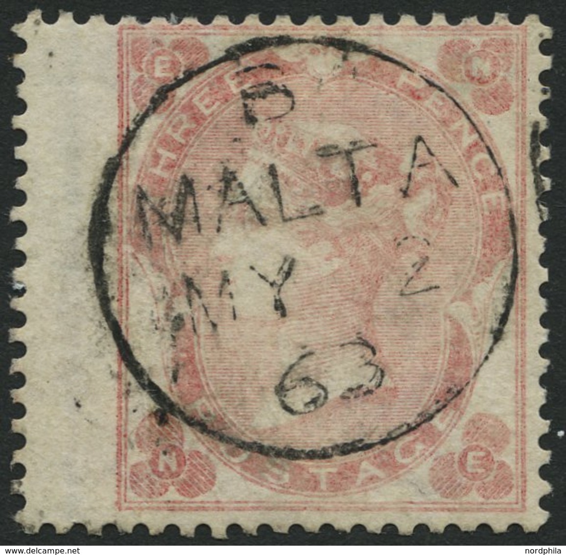 MALTA GB 18 O, Vorläufer: 1863, 3 P. Blaßkarminrosa (SG 77) Mit Breitrand, Zentrischer Stempel B MALTA, Feinst - Malte